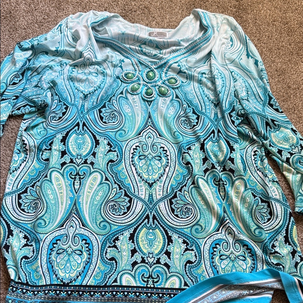 JM Collection Teal and Aqua Paisley Blouse